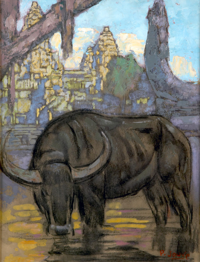 Paul JOUVE (1878-1973) - Buffle s'abreuvant, temple d'Angkor, 1923.